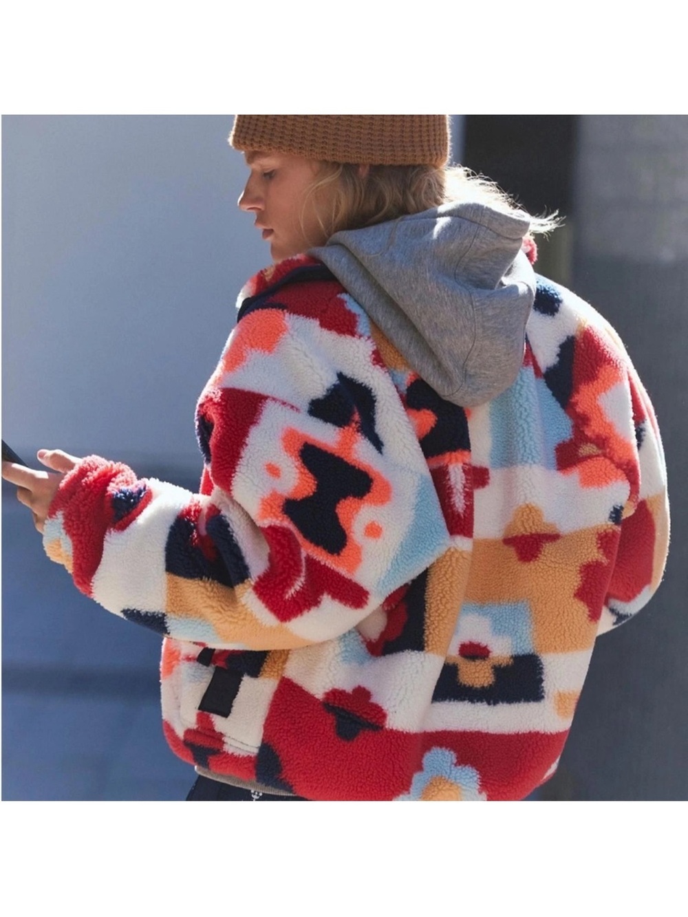 Free People Mountain High Bold Geo Sherpa Fuzzy Jacket in Red & Navy L NWT - Picture 5 of 6